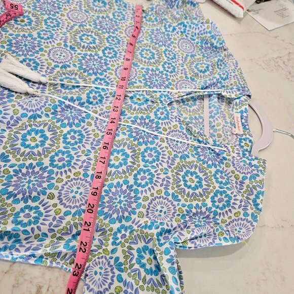 Fresh Produce XL Tunic Top Mosaic Shells Corine Blue Green Cotton Tie Neck - Picture 11 of 12